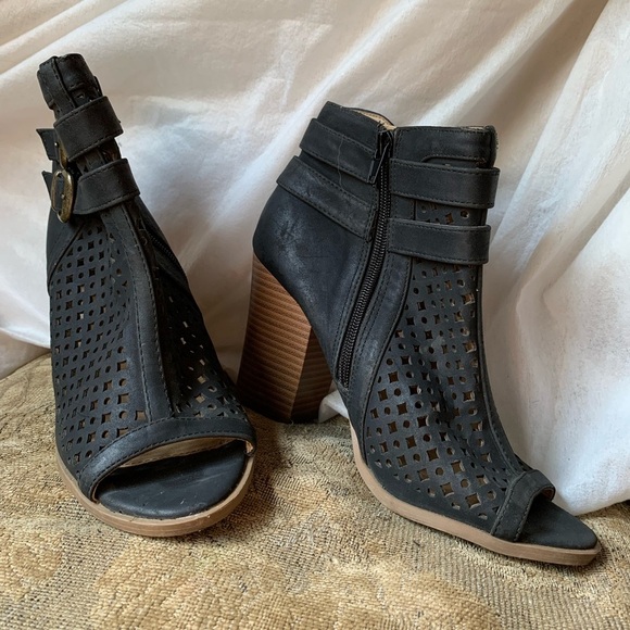 Comfortable Black Peep-Toe Ankle Boots Y2K Motto Biker Grunge 90’s Sexy Size 9 - Picture 2 of 5